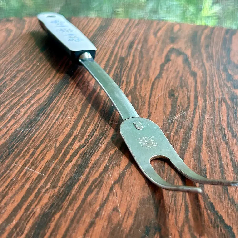 Vintage EKCO Carving Fork – White & Black Handle with Blue Folk Art Design